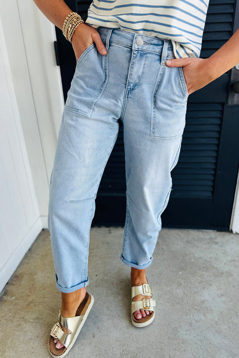 High Rise Barrel Leg Relaxed Fit Utility Patch Pocket Stretch Jeans